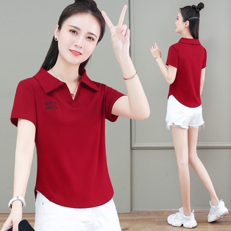 2026新款翻领短袖t恤女polo衫百搭修身韩版刺绣小个子夏装上衣
