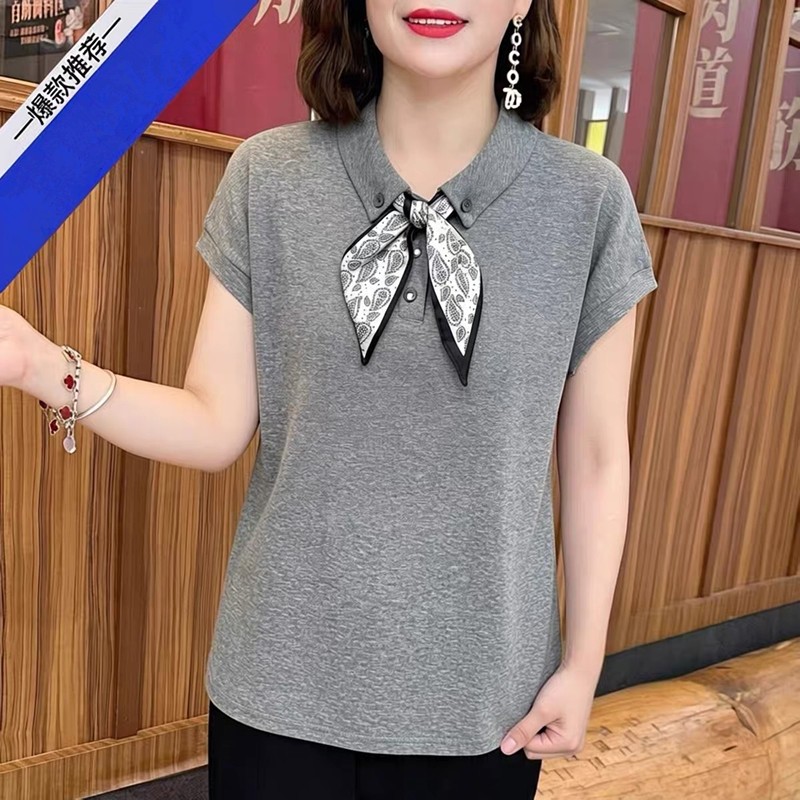 【芭拉婷】棉螺纹时尚丝巾翻领中年妈妈款短袖t恤女百搭减龄显瘦