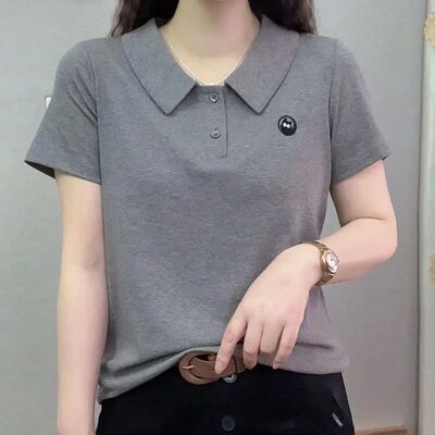 纯色妈妈翻领短袖t恤女夏季新款polo中年人休闲运动大码女装上衣