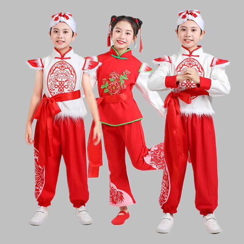 新款儿童安塞腰鼓服红色陕北民族服民歌学生服陕北民歌演出儿童服-封面