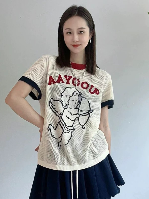 亲妈～2025夏季新品爱的小天使镂空针织樱桃T恤