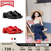 粗跟黑色真皮露趾拖鞋 Camper看步女鞋 外穿增高凉鞋 新款 Thelma夏季