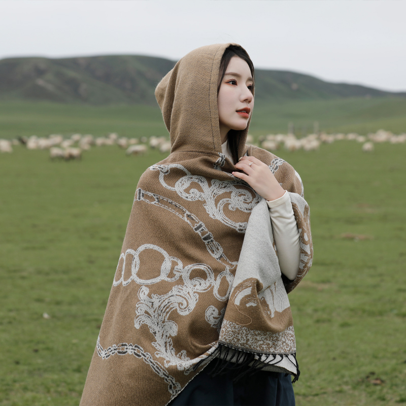 女款百搭披风斗篷一体连帽披肩新疆西藏开车旅游围巾外搭拍照1016