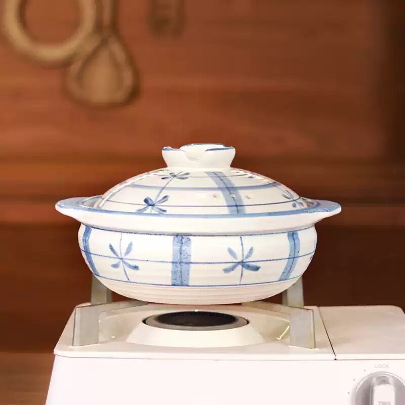 万土烧小仓蓝家用陶瓷焖煮炖锅老式土锅 耐高温 釉下彩琉璃蓝色釉