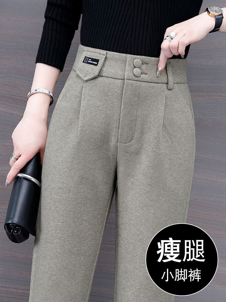 高档毛呢哈伦裤女春秋新款高腰宽松显瘦加绒烟管裤小脚休闲直筒裤