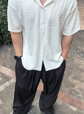 PS男士复古肌理感古巴领衬衫短袖衬衣冰丝大码提花