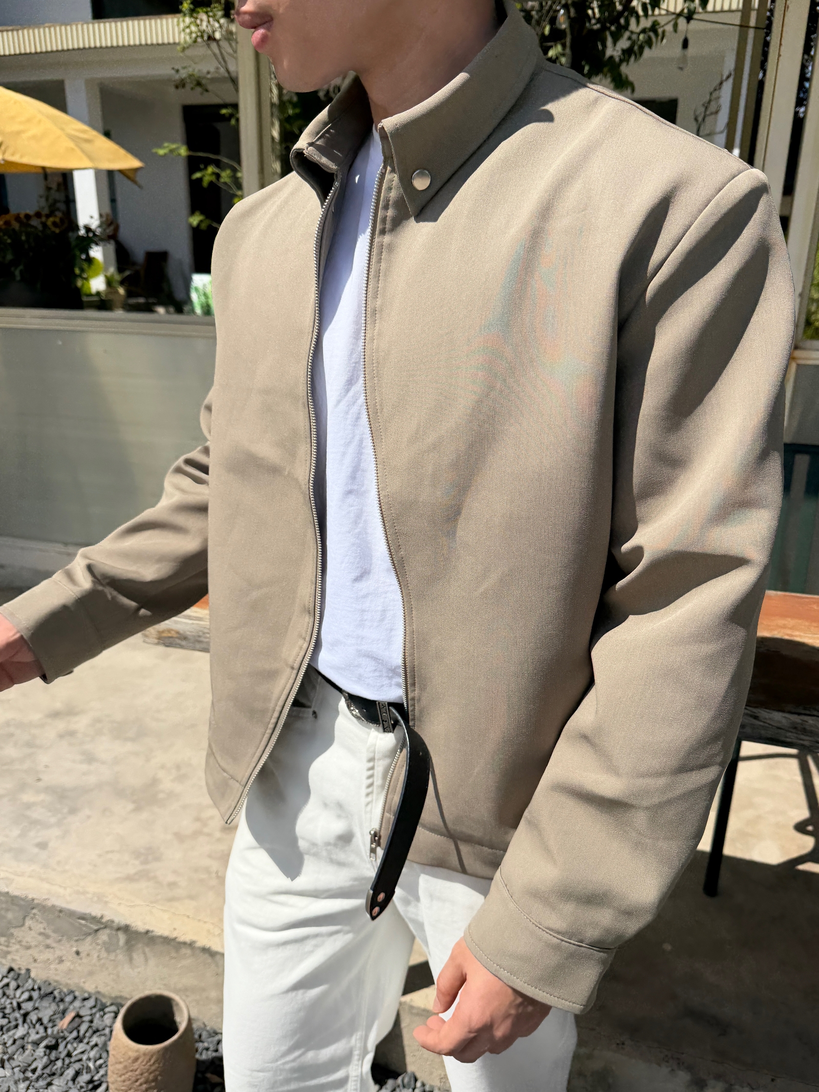 垫肩短款卫衣外套男款立领香槟色美式复古正肩夹克