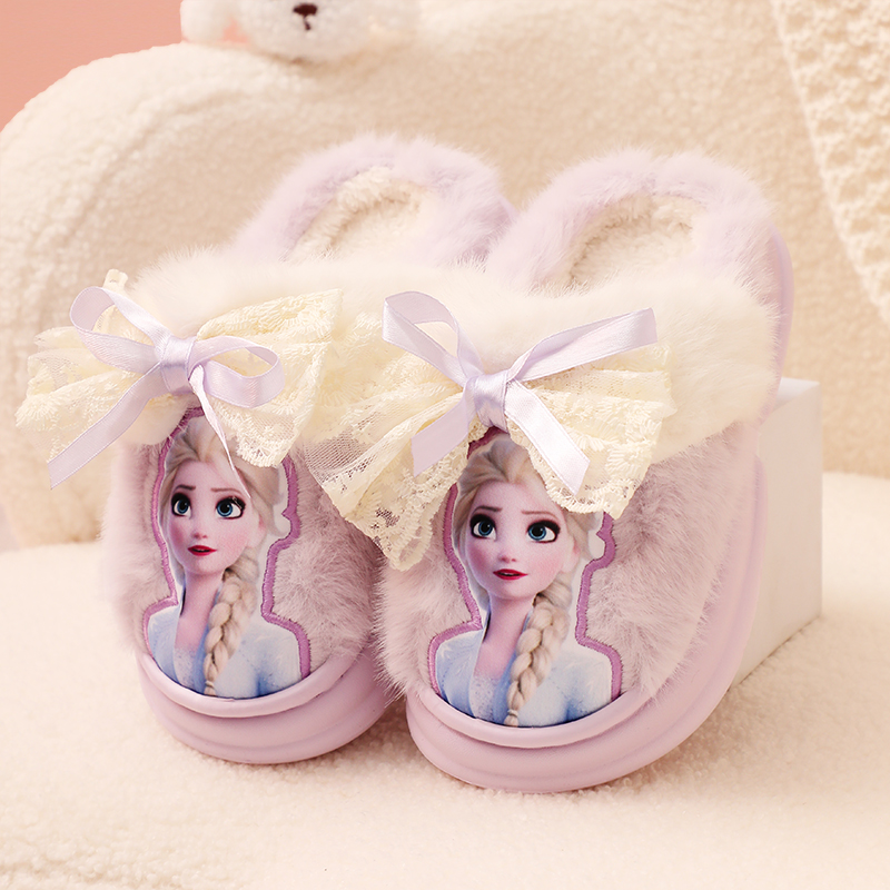 艾莎公主女童棉拖鞋可爱卡通蕾丝蝴蝶结轻便防滑保暖女宝毛绒拖鞋