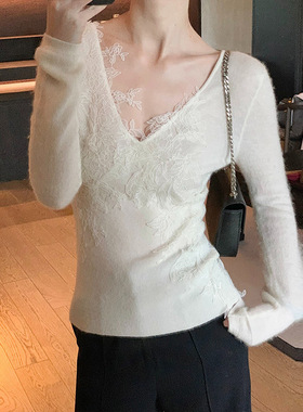 FL223146洋气温柔上衣白色v领蕾丝内搭毛衣羊绒打底衫女冬季