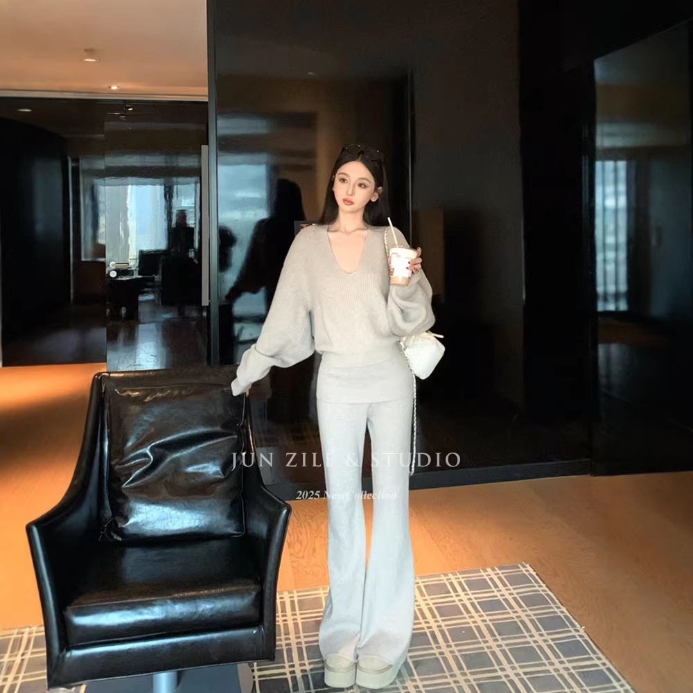 慵懒松弛感套装2026春装新款V领针织衫毛衣高腰显瘦休闲长裤女装,女装/女士精品,休闲运动套装,淘宝优惠券,粉丝福利购,淘宝优惠卷