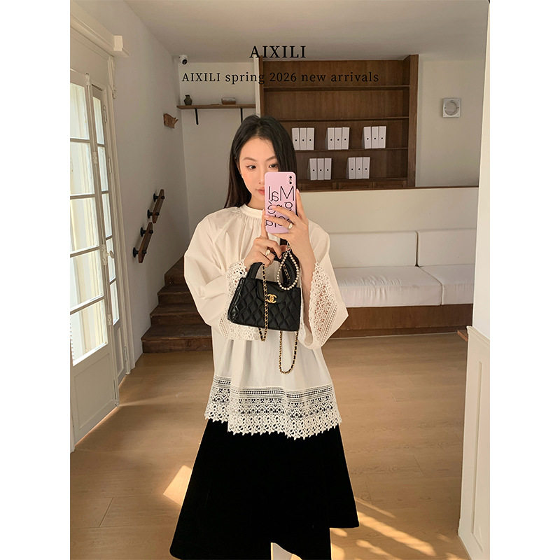 爱西里2026春季简约气质镂空花边拼接七分袖百搭减龄衬衫15777,女装/女士精品,衬衫,淘宝优惠券,粉丝福利购,淘宝优惠卷