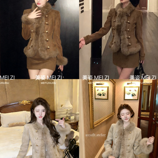 半身裙套装 MEI 女神真狐狸毛拼接麂皮绒羽绒服外套 美姿 13155