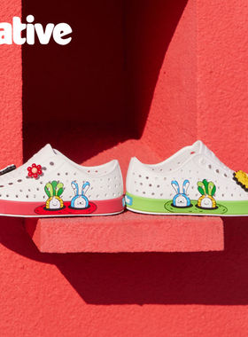 native新款亲子洞洞鞋Jefferson兔子印花雨鞋沙滩鞋溯水鞋儿童鞋