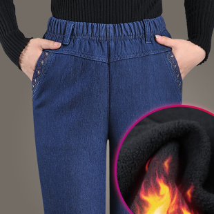 中老年加绒c牛仔裤女老人秋冬妈妈裤加厚外穿老太太裤宽松直筒弹