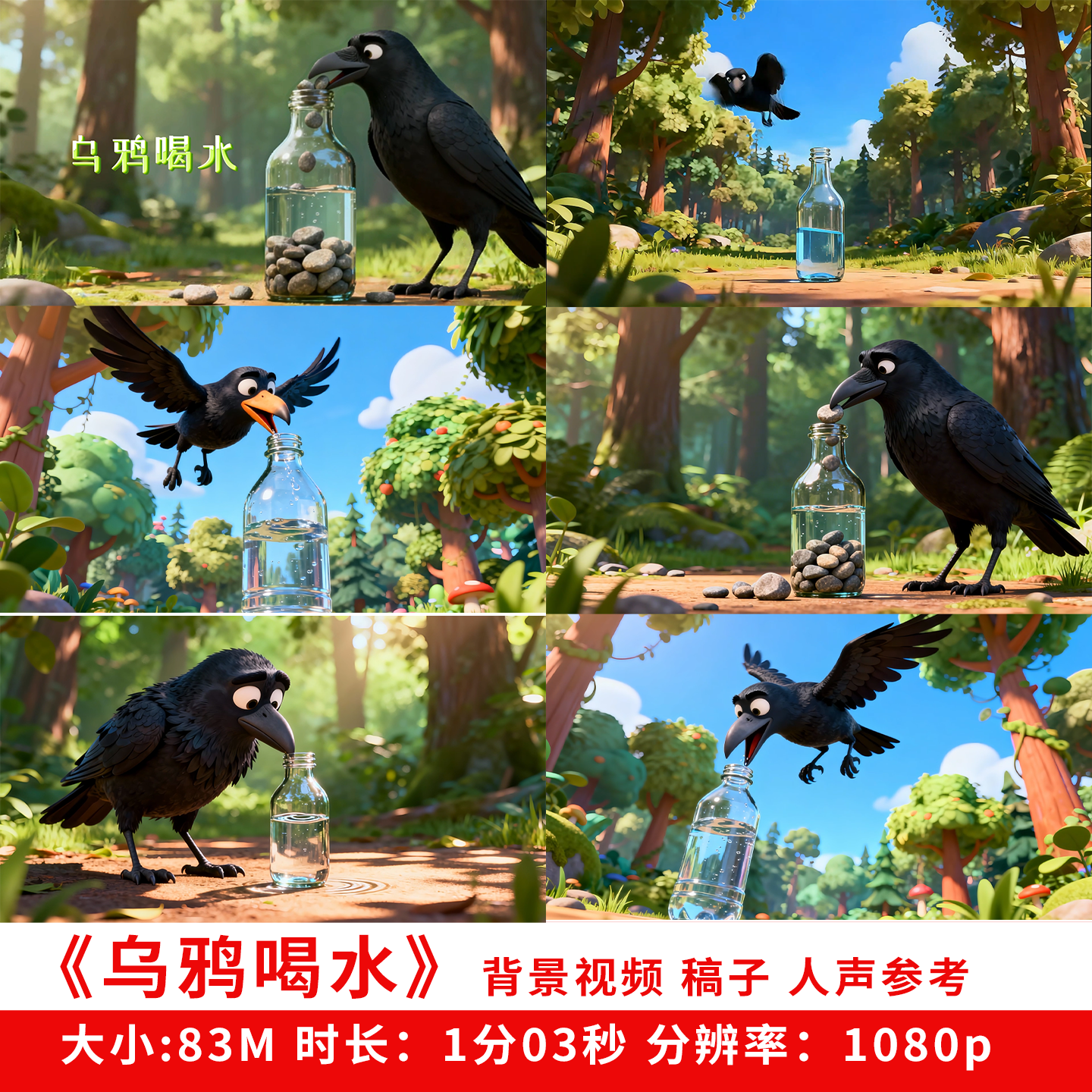 乌鸦喝水朗诵演讲背景视频素材公开课教学素材成语故事课文ppt