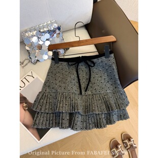 自留爆款 胖mm春秋加厚a字蛋糕短裙 灰色爱心波点百褶半身裙女大码