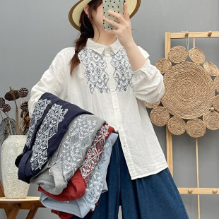 双层棉纱长袖 女森系文艺小清新复古刺绣柔软亲肤透气上衣 衬衫