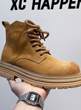 英伦风厚底复古反绒马丁靴2024增高耐磨中帮沙漠工装靴子24458-A