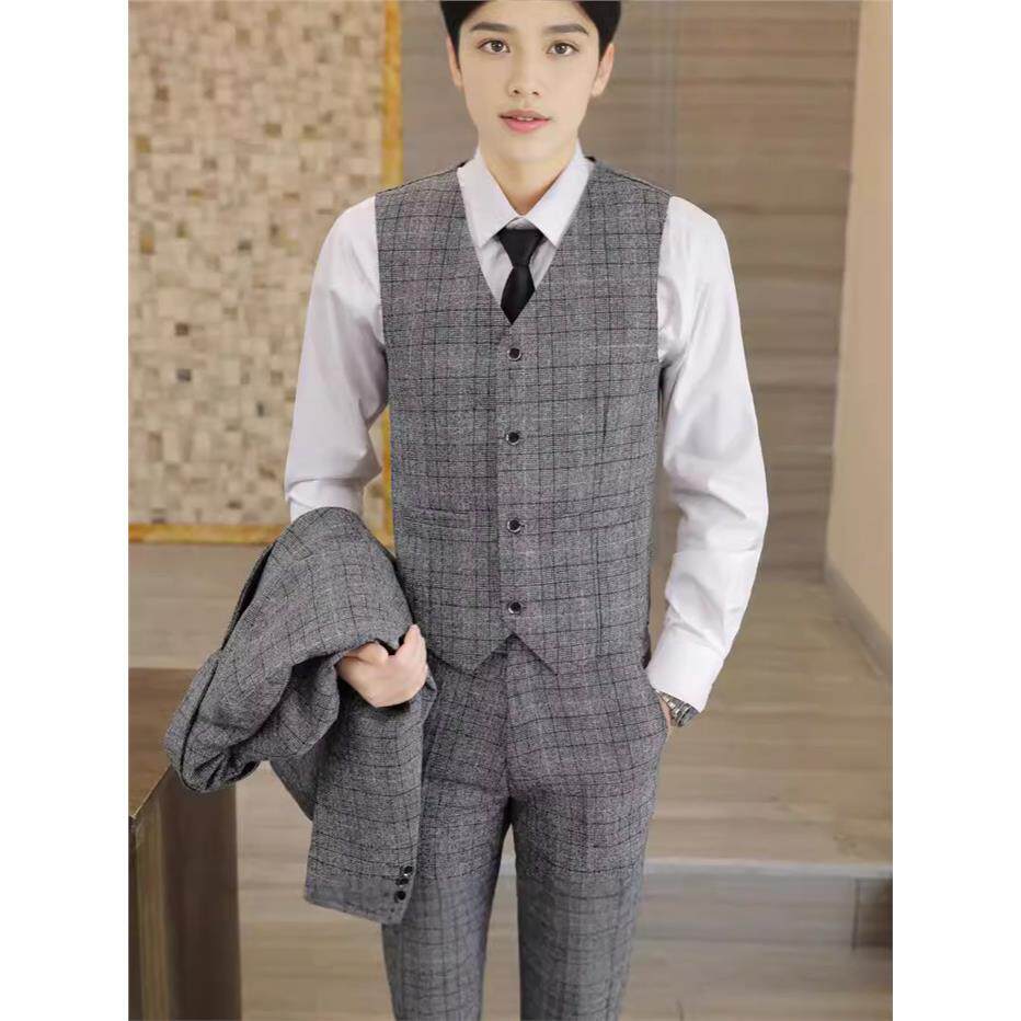 2024新款西服套装男士三件套商务职业正装西装韩版修身格子西服男