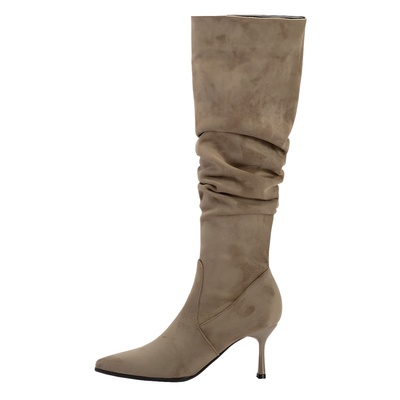 大筒围高跟加绒尖头堆堆靴女细跟长筒过膝靴子秋冬复古长靴复古风