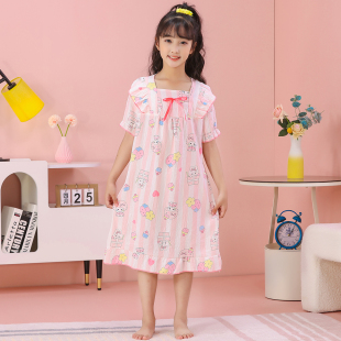 儿童睡衣女童睡裙短袖夏季薄款中大童公主风春秋裙子小女孩家居服