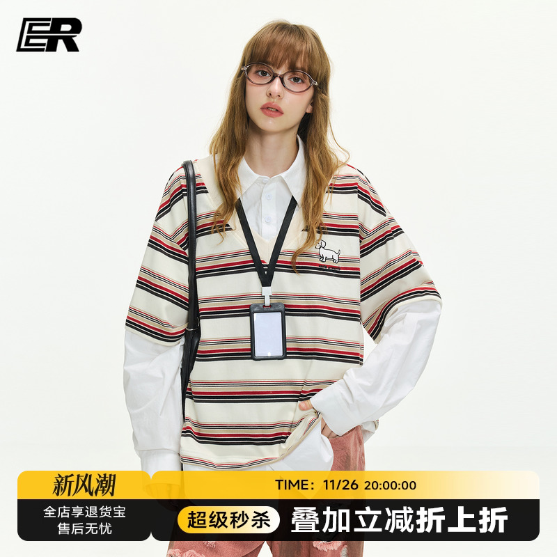 【张桂源】ER假两件小狗刺绣条纹Polo领长袖T恤男女2025秋学院风