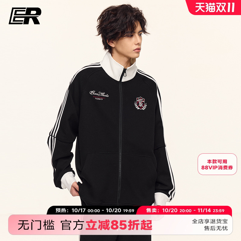 ER撞色条纹立领开衫卫衣男春秋美式潮牌休闲运动学生运动服外套