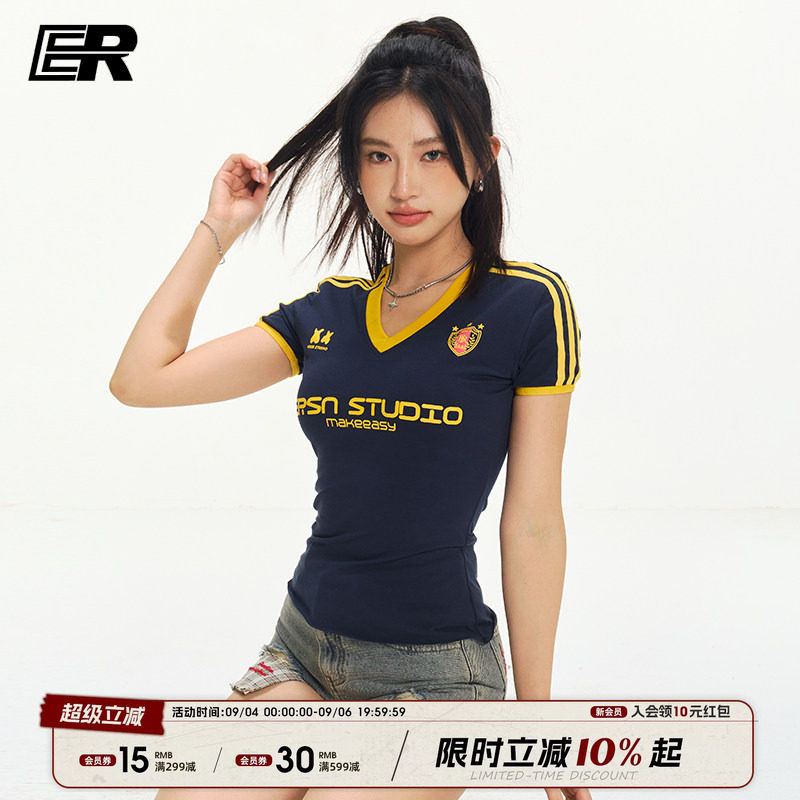 ER美式复古辣妹V领撞色印花短袖T恤女夏季运动修身显瘦高级感球衣图片