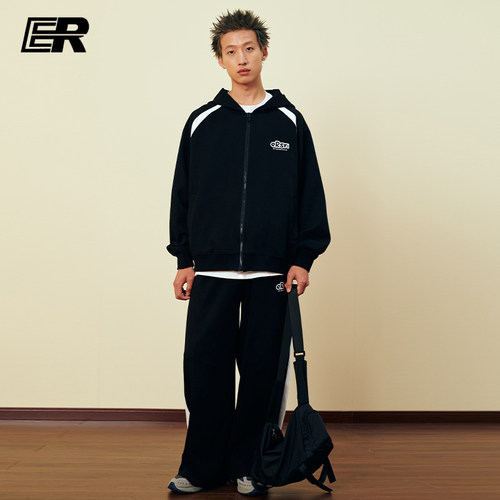 ER插肩袖条纹卫衣套装秋冬季潮牌宽松跑步休闲运动风高级感情侣装