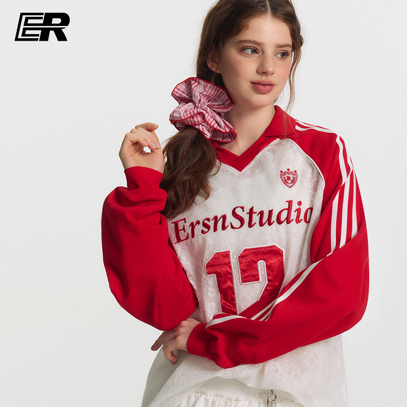 ER蕾丝透视感镂空插肩袖V领长袖t恤女国潮美式运动12号冰球服罩衫