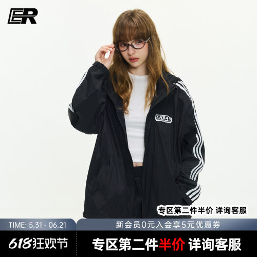 ER美式三条杠防晒衣男2026夏季轻薄宽松连帽休闲轻户外运动外套女
