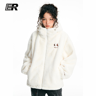 ER笑脸仿兔毛外套潮牌情侣宽松毛绒加厚连帽棉服 明星同款