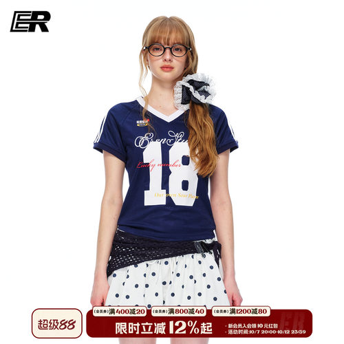 ER美式V领球衣印花速干T恤女