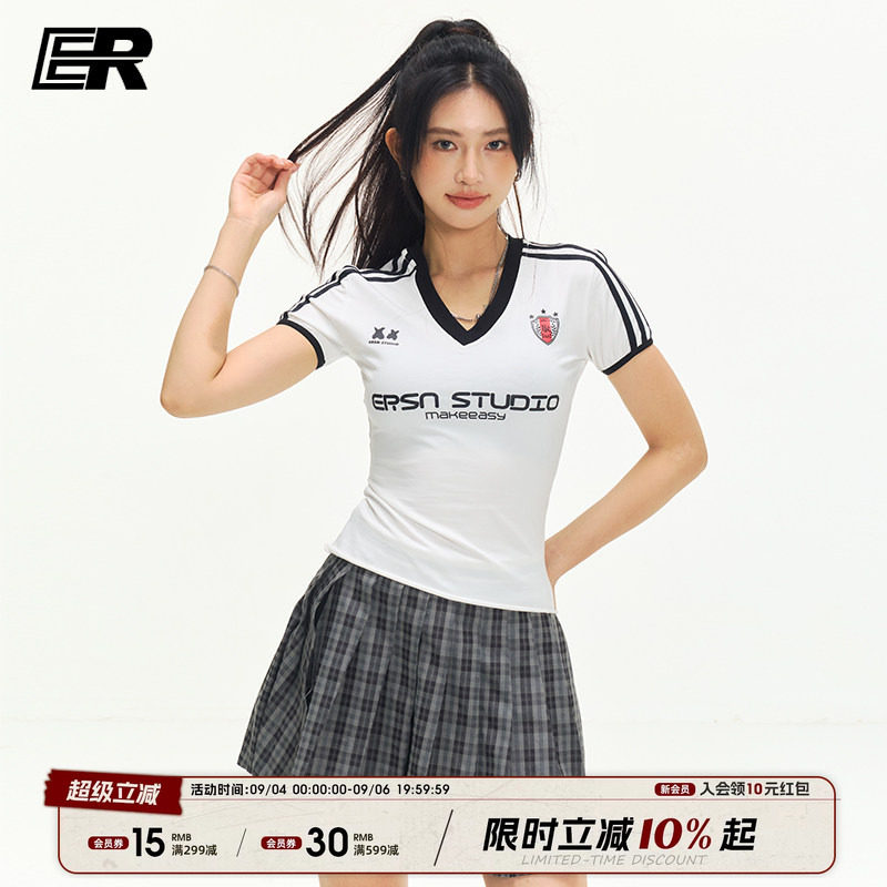 ER复古辣妹V领撞色印花短袖t恤女2026夏季运动修身显瘦腰精上衣图片