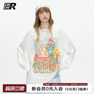 国潮美式 复古慵懒风上衣 t恤2026春夏新款 ER城堡涂鸦彩绘圆领长袖