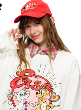 ER卡通风小狗印花套头卫衣男女春慵懒风黑色休闲百搭潮牌上衣情侣