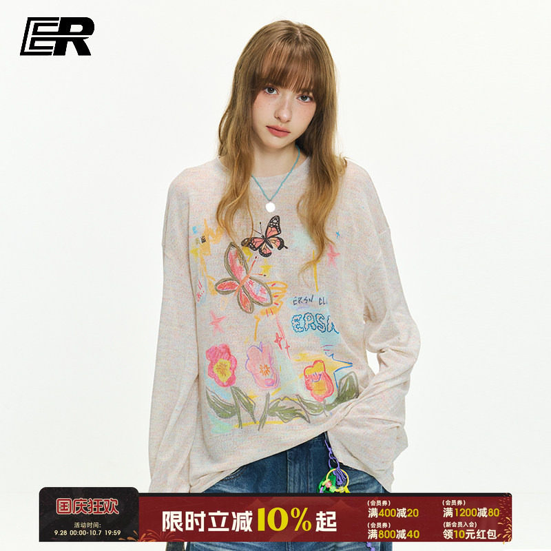 ER花卉蝴蝶彩绘罩衫薄款物理防晒男女国潮嘻哈潮流外穿长袖上衣