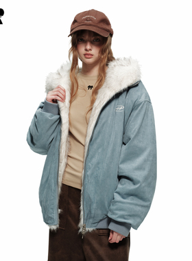 【明星同款】ER两面穿座山雕麂皮毛领连帽外套轻奢潮流美式情侣装
