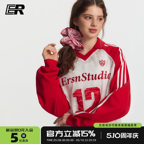 ER蕾丝透视感镂空插肩袖V领长袖t恤女国潮美式运动12号冰球服罩衫