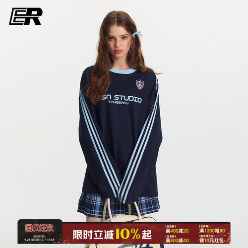 ER三条杠美式徽章长袖t恤情侣春秋潮牌复古运动圆领上衣打底衫