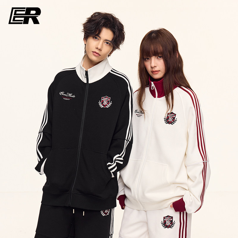 ER华夫格撞色条纹卫衣春秋高街潮牌户外运动休闲宽松情侣开衫外套