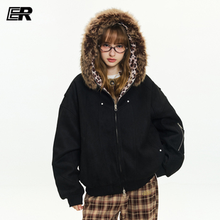 ER豹纹连帽毛领工装 夹克秋冬国潮复古街头情侣棉服外套男女同款