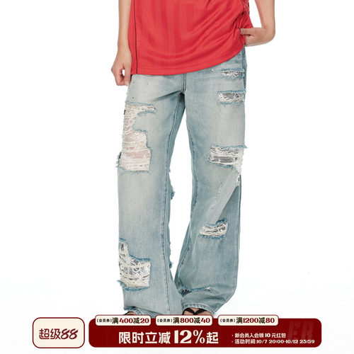ER复古蕾丝破洞阔腿牛仔裤女