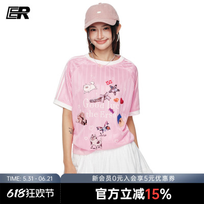 ER撞色条纹萌宠乐园印花短袖T恤