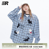 通勤外套 秋冬潮牌复古休闲宽松情侣装 ER可爱小狗刺绣格纹长袖 衬衫
