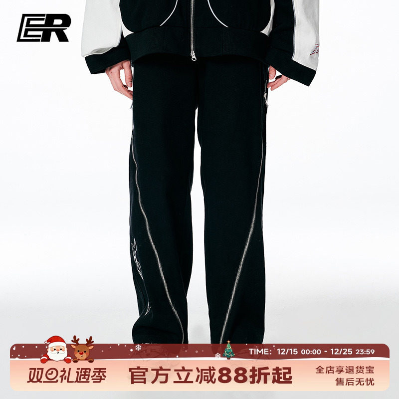 【敖子逸同款】ER潮牌双开拉链机车赛车休闲裤男直筒长裤阔腿裤