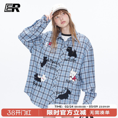 ER可爱小狗刺绣格纹长袖衬衫秋冬潮牌复古休闲宽松情侣装通勤外套