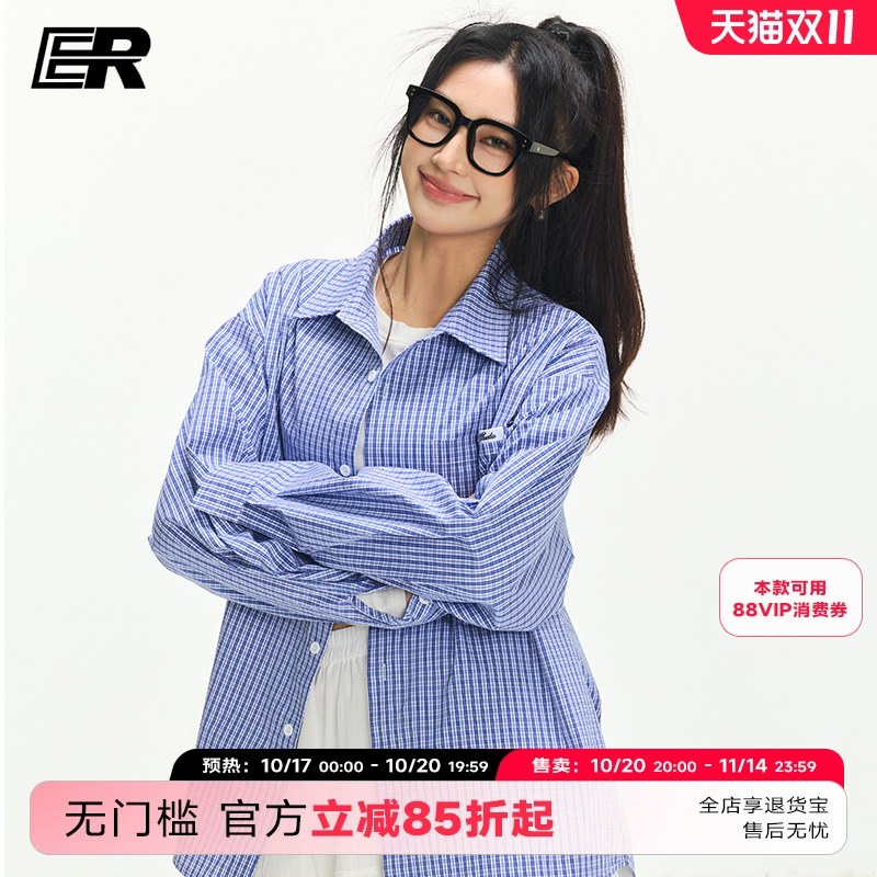 ER复古格子衬衫2025夏季新款美式潮牌学生情侣长袖衬衣男女同款