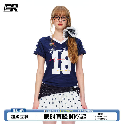 ER美式V领球衣印花速干T恤女