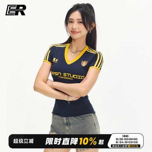 ER美式y2k正肩短袖t恤女球衣辣妹修身掐腰潮牌撞色V领上衣夏季